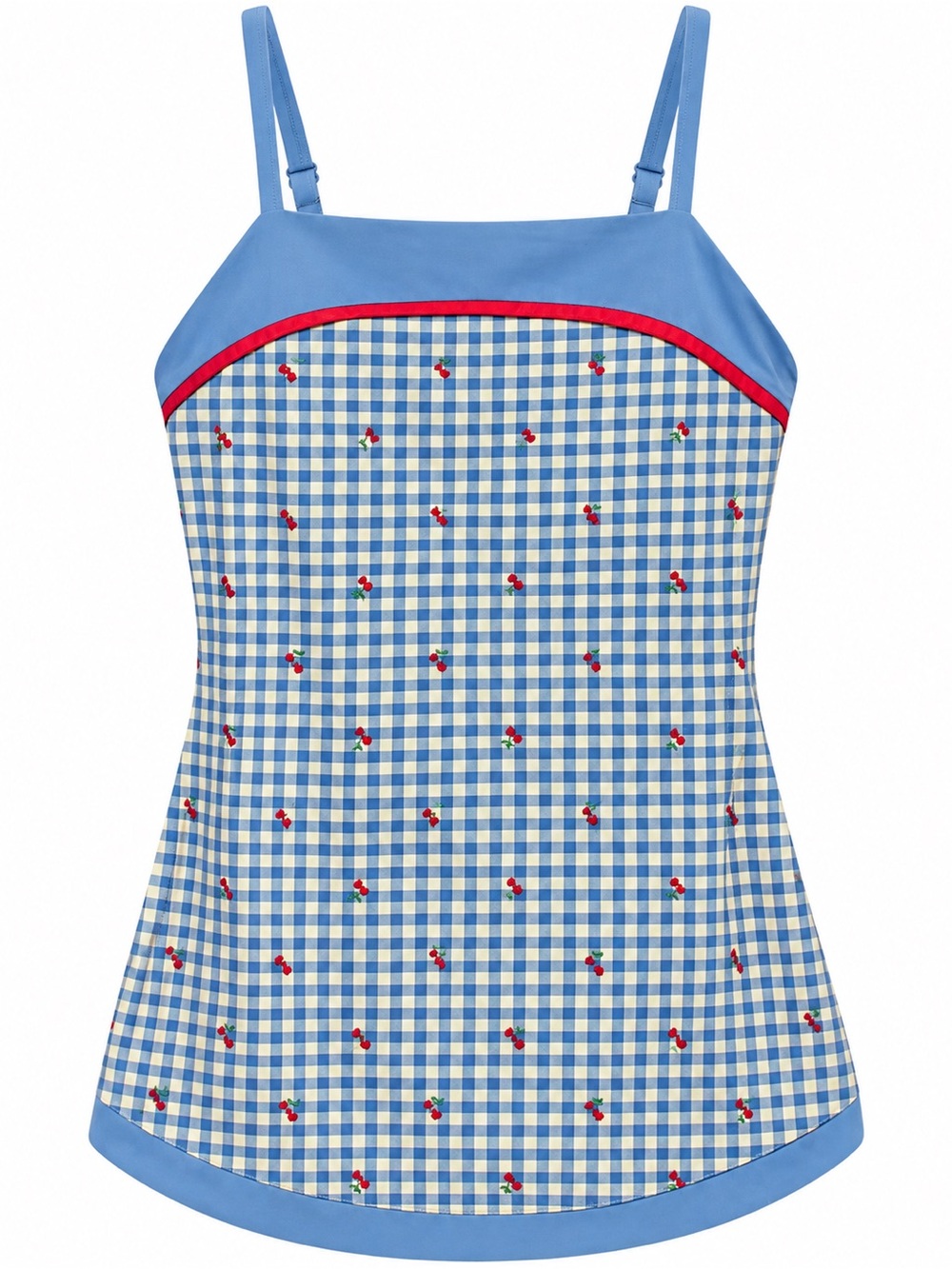 all in motion Blue Gingham Dress with Red Cherry Accents